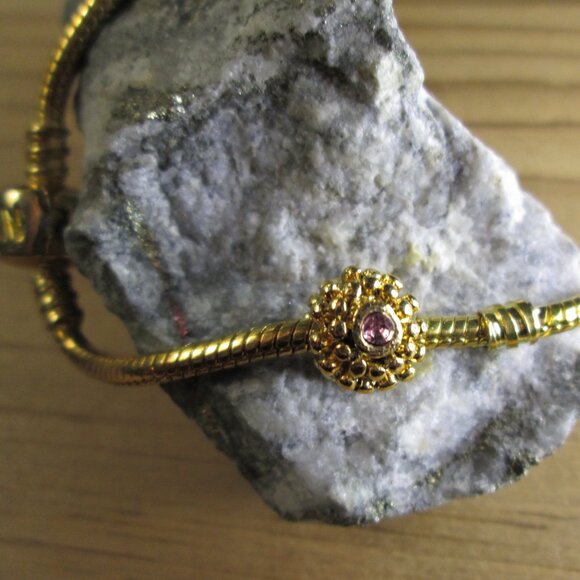 Double Ended Beaded Gold Plated Sterling Silver European Charm with Pink Crystal - Picture 2 of 9